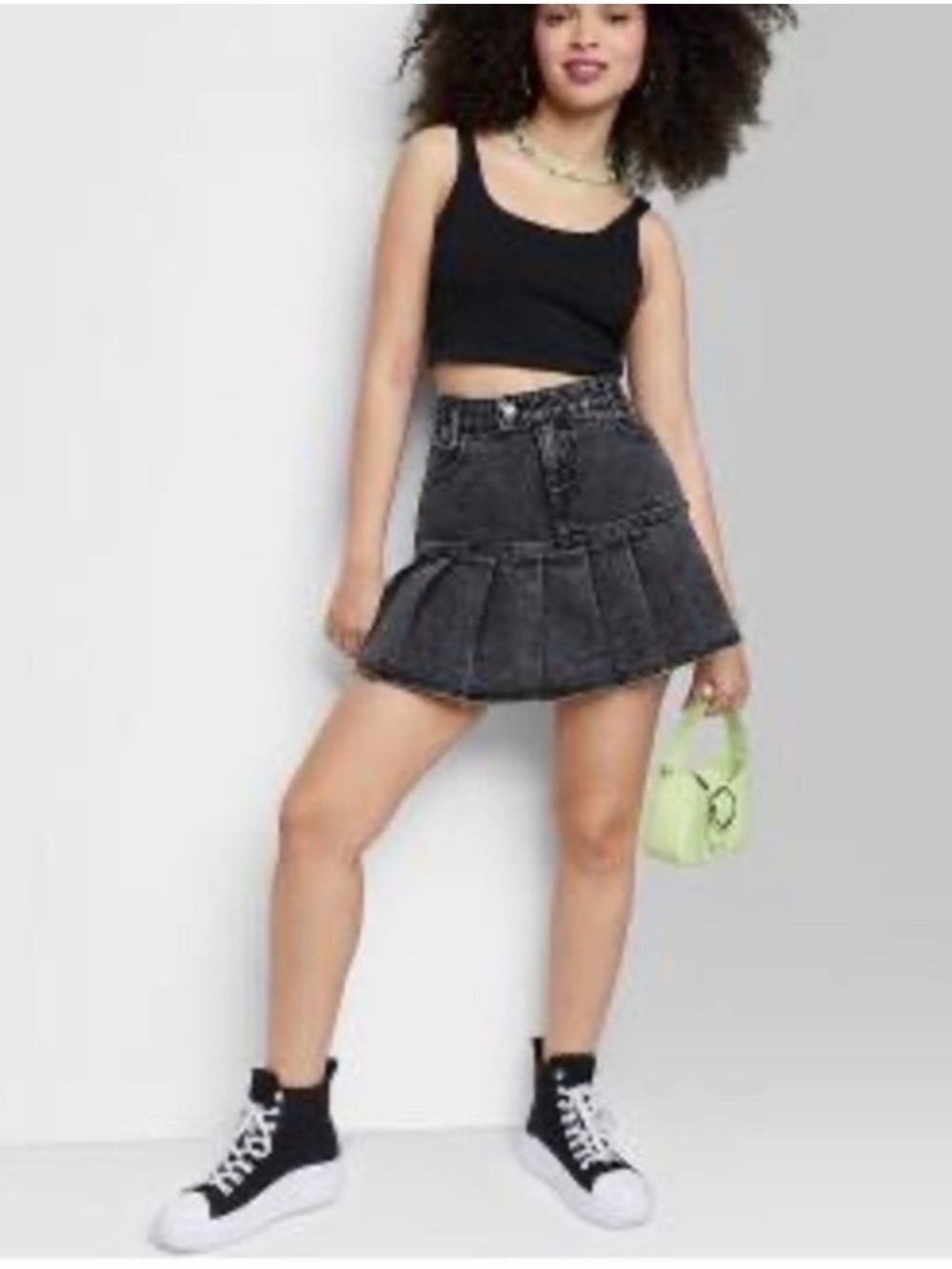 wild fable high rise pleated Black Washed Denim Pleated Mini Skirt 0317